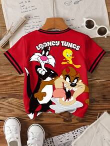 LOONEY TUNES X SHEIN 男童夏季休闲条纹饰边动物纹圆领短袖T恤