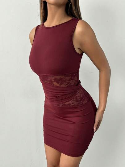 SHEIN PETITE Summer Women's Black Elegant Lace Stitching Sincere Long Dress,Elegant Women Dresses,Party Women Outfits,New Years Women Dress,Black Women Dresses, Burgundy Dress,New Year's Outfit Sexy Curve Dress