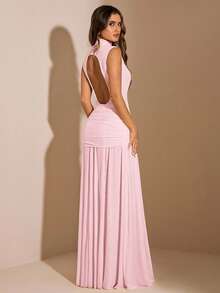 SHEIN BAE Đầm ôm sát dài không tay cổ cao thanh lịch, màu vàng, màu kem vàng, đầm sinh nhật, đầm hẹn hò, đầm dự tiệc ngày lễ, đầm dạ hội - Màu Hồng  San hô - Xem 2