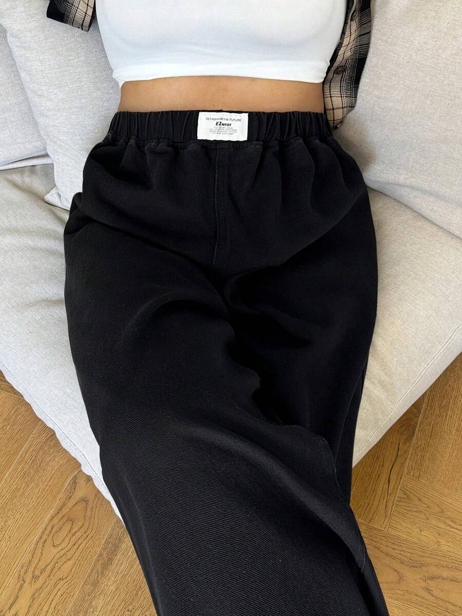 SHEIN ICON 大码宽松弹力腰阔腿牛仔裤,黑色 - 黑色 - 查看 1