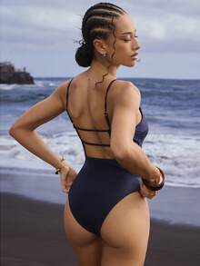 Swim Chiccia Áo tắm liền thân không tay ôm sát dành cho nữ, thích hợp mặc đi biển vào mùa hè. - Màu xanh hải quân - Xem 2