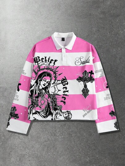 Street Life Herren Retro Jungfrau Maria gestreifter englischer Grafik-Muster Pullover Sweatshirt, amerikanischer Streetstyle Polo Sweatshirt