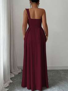 Vestido elegante y romántico con hombro asimétrico y lazo en la cintura en forma de A, adecuado para fiestas, bodas, damas de honor, otoño/invierno, tallas grandes - Burdeos - Ver 2