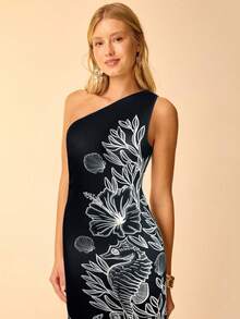 Đầm midi nữ phong cách Boho nhiệt đới, họa tiết vỏ sò biển xanh dương, hình cá ngựa và san hô, kiểu dáng bất đối xứng, eo nhún bèo, thích hợp cho kỳ nghỉ. - màu đen - Xem 6