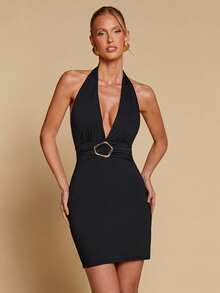 COSMINA Women's Halter Black Metal Decor Mini Bodycon Dress, Casual Vacation Date Y2K Dress, Simple Solid Color Fashion Dress - Black - View 3