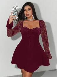 Allurite ชุดเดรสขนาดใหญ่พิเศษ สไตล์วินเทจหรูหรา สำหรับวันหยุด ผ้าลูกไม้สีขาว แขนยาว เจ้าหญิง ทูล มินิเดรส, ชุดปาร์ตี้เซ็กซี่สำหรับคริสต์มาส ปีใหม่ วันวาเลนไทน์ ฤดูใบไม้ผลิ/ฤดูร้อน