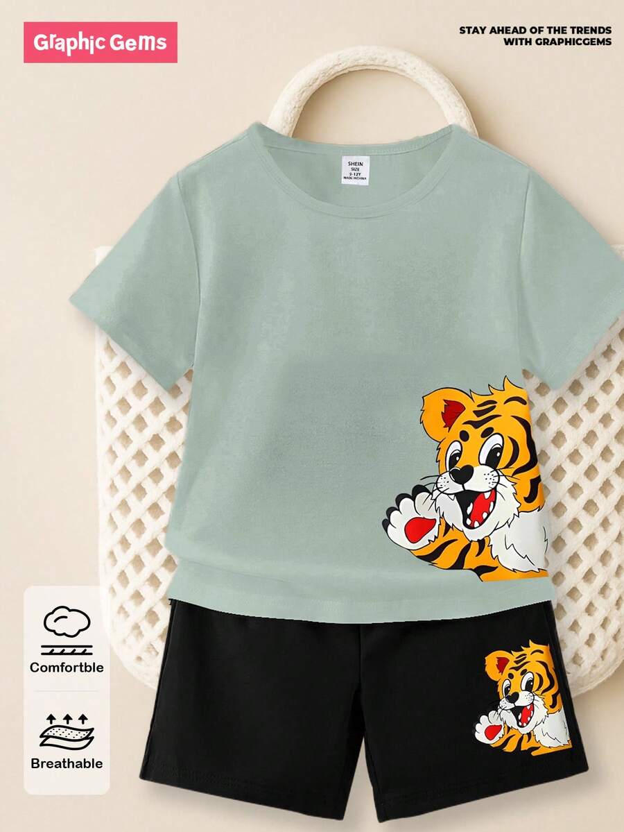 GraphicGems 2pcs/Set Baby Boy Casual Everyday Simple, Versatile, Fun Tiger Pattern Printed Short Sleeve T-Shirt And Shorts Outfits, Spring/Summer
