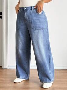 SHEIN CURVE+ Plus Size Fashionable Versatile High Waist Jeans,Loose Plus Size Denim Pants,Straight Wide-Leg Jeans,Light Wash Denim Pants,Elastic Waistband Denim Pants,Multi-Pocket Denim Pants,High-Waist Elastic Waistband Straight Wide-Leg Pants,Plus Size Loose Denim Pants,Multi-Pocket Straight Jeans,Office Casual Versatile Light Wash Denim Pants,Office Casual Versatile Multi-Pocket Denim Pants,Vacation Casual Denim Pants,All-Season Versatile Loose Wide-Leg Pants,Valentine's Day - Blue - View 9