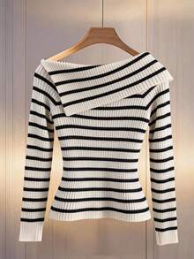Franclia Women's Plus Size Asymmetric Collar Black And White Striped Pullover,Elegant Formal Ribbed Knit Long Sleeve Sweater For Autumn Winter,Fitted Tops - Multicolor - View 2