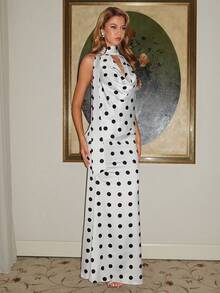 Vowa 优雅浪漫时尚的黑白波点缎面波点印花深V领两件套，鱼尾裙摆，优雅派对礼服，婚礼宾客礼服，波点两件套，单身派对礼服，晚宴礼服，鸡尾酒礼服 - 黑與白 - 查看 7