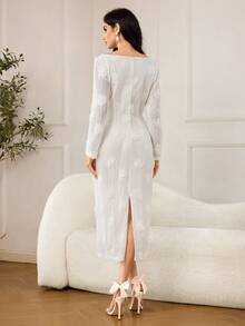 Modelyn Đầm midi dài tay cổ thuyền, chất liệu jacquard, thanh lịch, thắt eo, dành cho nữ, thích hợp cho các bữa tiệc và sự kiện. - trắng - Xem 2