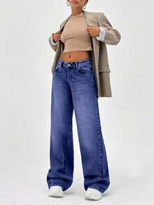 SHEIN Quần jean ống rộng cạp thấp 100% cotton kiểu dáng cổ điển Y2K, dáng rộng - Màu xanh bụi bặm - Xem 3