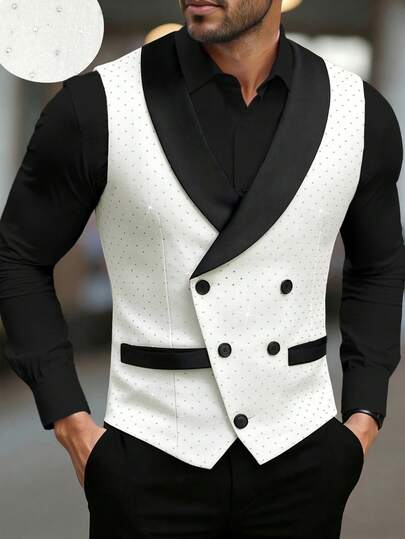 Manfinity AFTRDRK Men's Business Casual Luxury Rhinestone Vest, Shawl Neck Design Adds More Style And Layering, Suitable For Daily Commute, Business, Party And Banquet Wear. This Vest Is An Indispensable Versatile Item In Men's Wardrobe, And Makes A Great Gift For Boyfriends Or Husbands White And Black Suit Men Luxury Clothes For Men Mens Fancy Wedding Vest Men Waist Coat Tuxedo Vest For Men