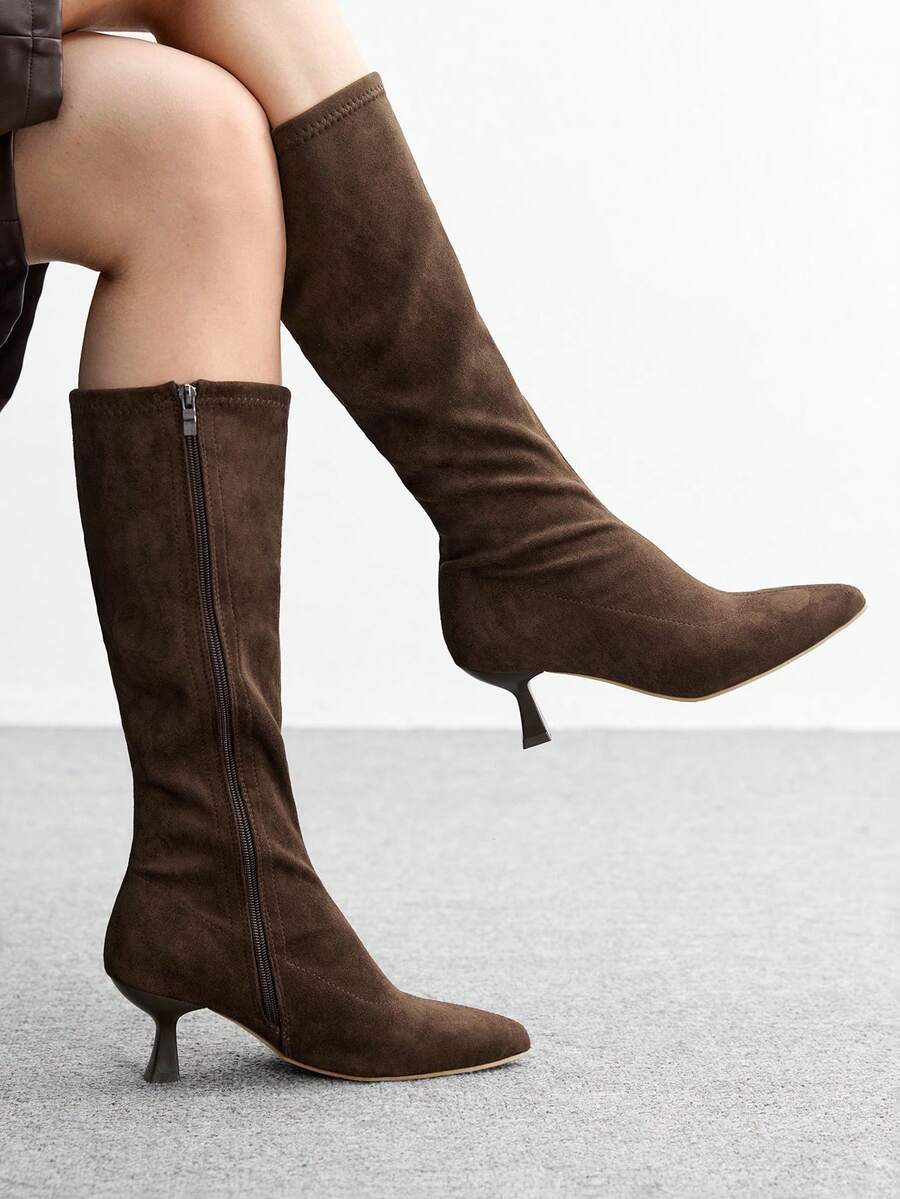 CUCCOO BIZCHIC Bottes mi-mollet à talon haut à bout pointu polyvalentes pour femmes - Tabac - Voir 1