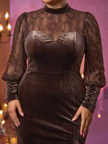 Glamrae Plus Size Elegant Luxurious Black Sheer Long Sleeve Lace & Velvet Patchwork High Slit Fishtail Maxi Dress With Train, Suitable For Weddings, Parties, Vacations, Galas, Formal Events (Heavily Embellished), Valentine's Day - Coffee Brown - View 5