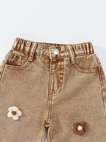 Young Girl Fashion Washed Stereo Floral Jeans - Khaki - View 4