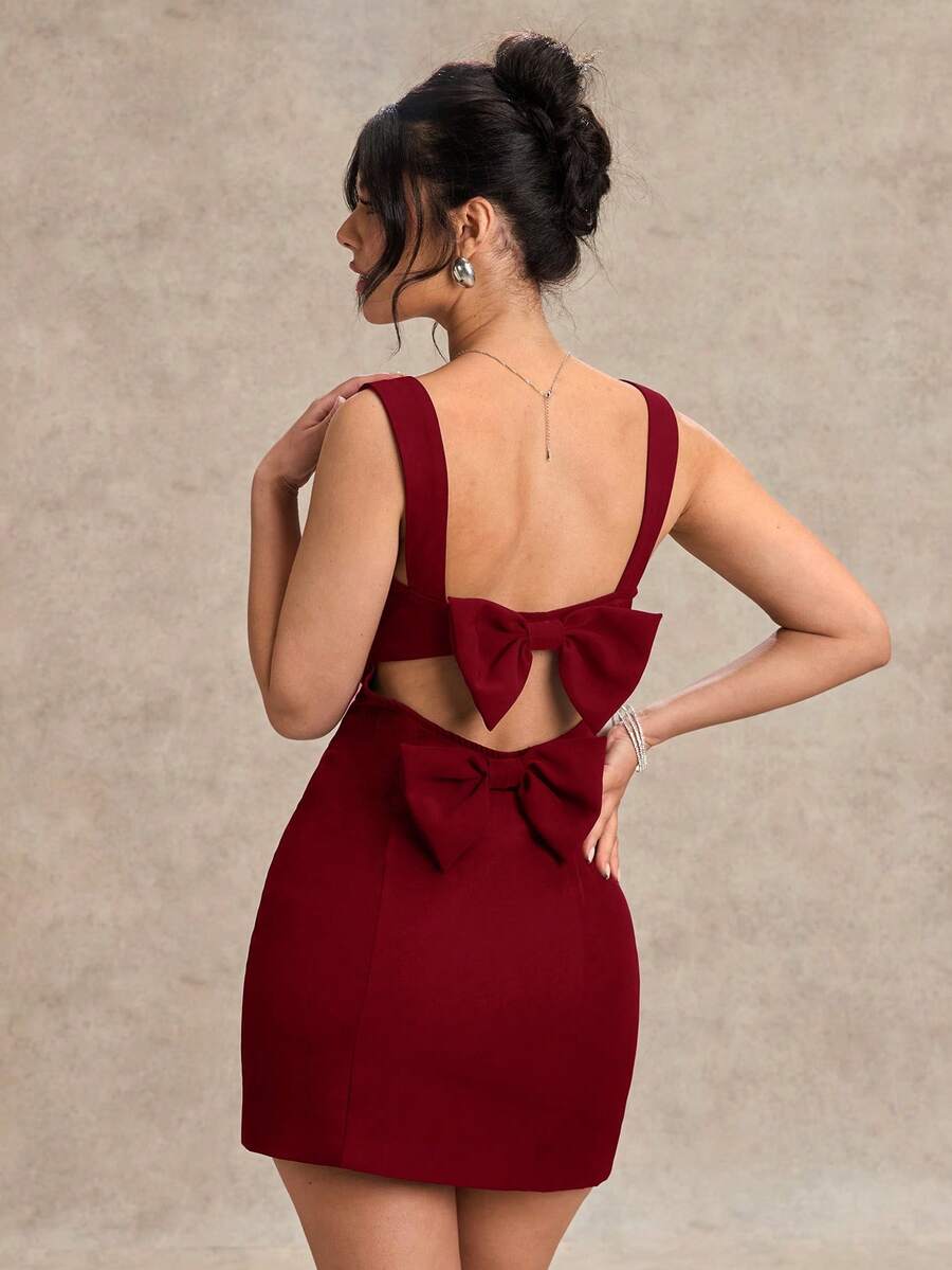 SHEIN BAE Black Square Neck Backless Bow Decor Elegant Mini Dress, Black Dress, Valentine's Date Dress, Bridesmaid Dress, Chic Little Black Dress, Spring/Summer,Summer Dresses For Women - Burgundy - View 1