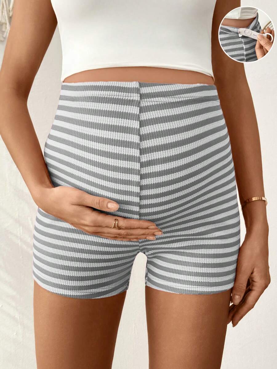 Lyckli Maternity Summer Casual Striped Adjustable Waist Shorts Mid Thigh Biker For Women Stretchy - Grey - View 1