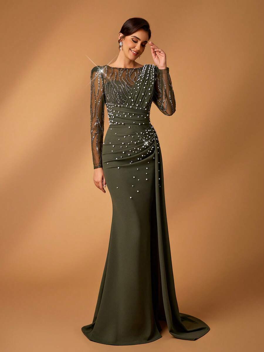 Serin Elegant Luxurious Dark Green Satin Ruched Dress With Embroidered Sequins, Suitable For Weddings, Parties, Holidays, Bridal, Mother Of The Bride, Evening Gowns - Dark Green - View 1