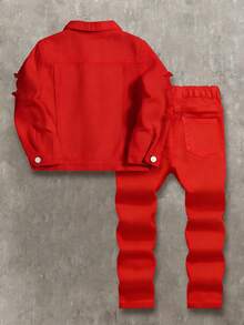2pcs/Set Young BoyWhite Graffiti Pattern Black Denim Jacket & Elastic Skinny Pants,Kids - Red - View 2