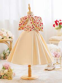 SHEIN Vestido corto de manga corta con estampado floral elegante para niña - Albaricoque - Ver 7