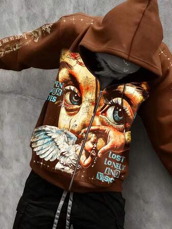 Street Life Sudadera con capucha con cremallera y estampado de letras y números para hombre