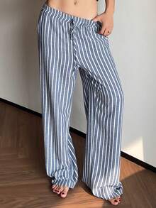 DAZY 女士系带条纹宽松睡裤 - 藍白色 - 查看 5