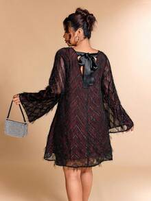 Cravure Plus Size Women's Fluffy Bow Decor Flare Sleeve Dress, Fashionable For Vacation And Party  Day - Multicolor - View 3