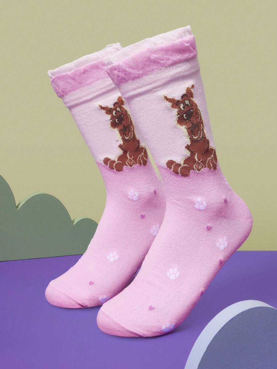 SCOOBY-DOO X SHEIN 1 Pair Cartoon Dog Print Layered Ruffle Trim Mid-Calf Socks For Women - Multicolor - View 1