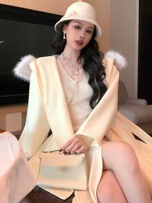 DAZY Women's Elegant Wool Collar Belted Overcoat, Autumn/Winter - White - View 10