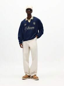 SUMWON Box Fit Embroidered Logo Long Sleeve Polo Rugby Style Sweatshirt With Contrast Collar Detail - Navy Blue - View 4