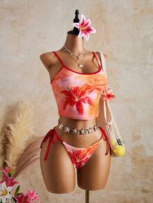 Bellisia Orange-rotes Batik-Platzier-Muster Träger-Top & Bindeseiten-Hose 2-teiliges Bikini-Set, für Frühling/Sommer - Verschiedenfarbig - Übersicht 6