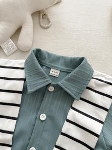 SHEIN Baby Boy Spring And Autumn Casual Multi-Functional Comfortable Striped Shawl, Lapel Long-Sleeved Shirt And Straight-Leg Trousers Three Pieces Set - Dark Green - View 7