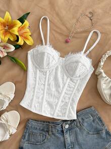 Soleia 白色蕾丝吊带背心，性感迷人，适合度假、约会和日常穿着，秋冬季款。 - 白色 - 查看 5