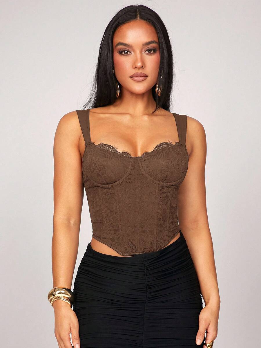 Silquee Women's All Black All-Match Tight Patchwork Lace Bra Gorgeous Top With Curved Hem Floral Lace Corset Top, Suitable For Spring Break, Beach Vacation, Night Out, Girls' Gathering, Beach Party, Pool Party, Holiday, Casual Party, Cabin Retreat, Daily Wear - Brown - View 1