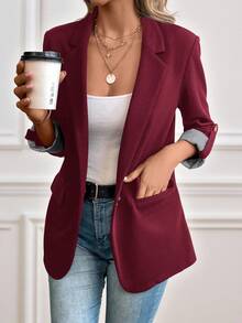 SHEIN LUNE Women's Turn-Down Collar Single Button Casual Blazer Jacket In Fall/Winter - Burgundy - View 6
