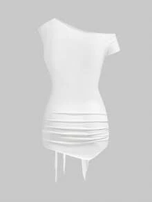 ROMWE Y2K Avant-Garde Visually Striking Lace-Up Semi-Sheer Sexy Asymmetrical Shoulder Women Mini Dress, Spring & Summer - White - View 2