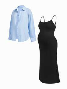 Modmama 2pcs/Set Maternity Striped Drop Shoulder Blouse And Fish Tail Strap Casual Dress - Multicolor - View 3