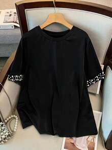 GlowEve CURVE Plus Size Women Summer Knit Elastic Round Neck Short Sleeve Beaded Casual T-Shirt, Suitable For Commuting, Outings And Gatherings - Black - View 1