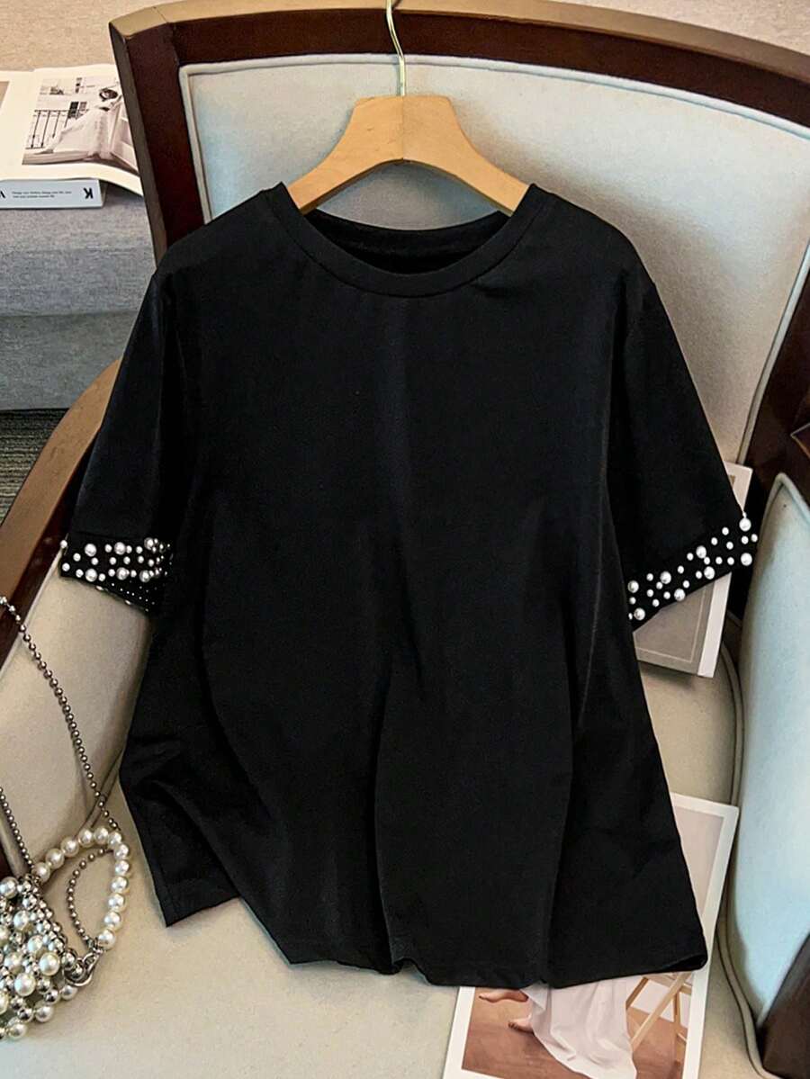GlowEve CURVE Plus Size Women Summer Knit Elastic Round Neck Short Sleeve Beaded Casual T-Shirt, Suitable For Commuting, Outings And Gatherings - Black - View 1