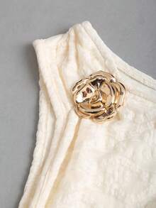 Sweetra Women's Apricot Lace Patchwork Metallic Flower Asymmetric Shoulder Design Layered Ruffle Hem Mini Dress, Spring/Summer Ivory Dress - Apricot - View 3