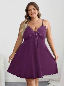 SHEIN CURVE+ 大码女装/秋季服装/秋季女装/冬季女装/冬季女装大码黑色蕾丝拼接领吊带裙 - 紫色 - 查看 6