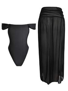 SHEIN Swim 2pcs Solid Color Backless High Cut Mesh One Piece Swimsuit, Fashionable & Elegant - Black - View 8