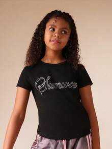 SUMWON Camiseta de cuello redondo de manga corta con texto glamoroso y adornos de strass, estilo informal para vacaciones, para niñas preadolescentes - Negro - Ver 7