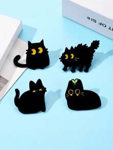Zazumi 1/4pcs Black Cat Cartoon Metal Pin Badges For Backpack Jacket Lapel Gothic Punk Decor Alternative Fashion Accessories Gift Set - Black - View 3