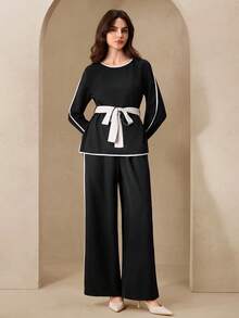 Graceveil Women's Casual Color Block Round Neck Tracksuit Set, Spring/Autumn - Black - View 3