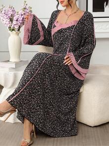 Yasmyna Women's Elegant Arabic Style Woven Floral Print Long Sleeve Dress With Pink Lace Trim, Spring/Summer - Black - View 7