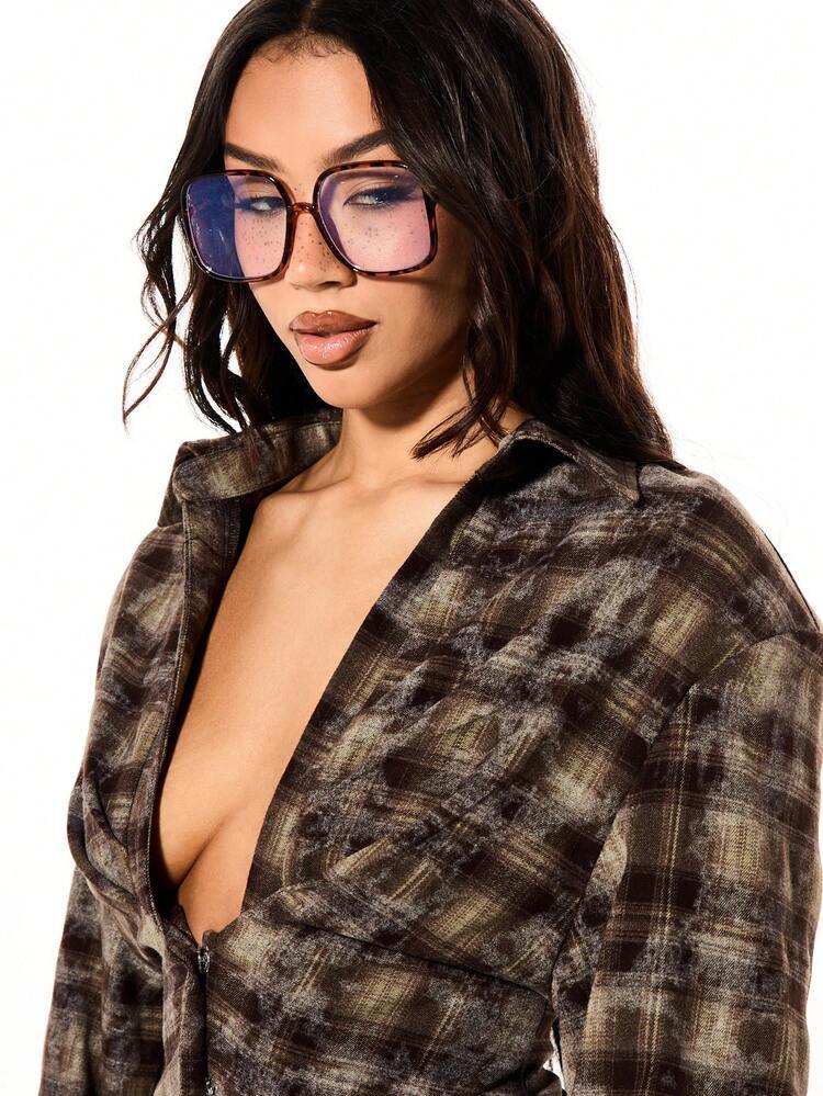 SUMWON WOMEN Plaid Button Front Blouse With Cinched Waist