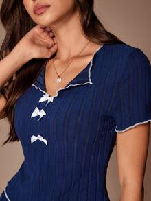 SHEIN 2pcs Bow Contrast Rib Knit Fitted Women Pajama Set - Navy Blue - View 5