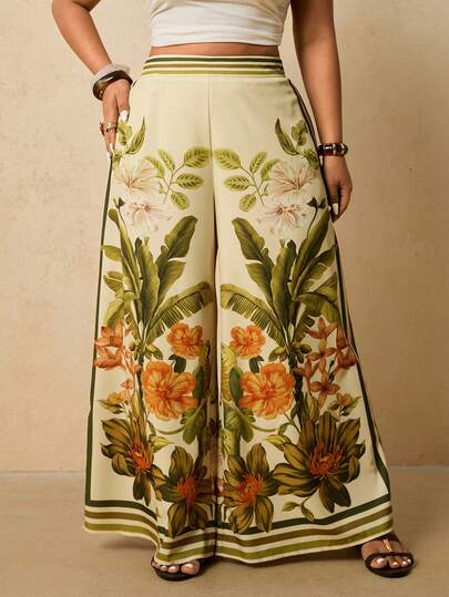 Travachic Plus Size Floral Print Wide Leg Casual Holiday Pants Vacation Vacation Outfits Woman Summer Outfits For Women Spring Outfits For Women Teacher Outfits For Women Beach Vacation Outfits Tropical Vacation Woman Clothes